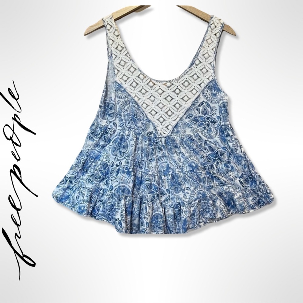 Free People Boho Blue Floral Tunic with crochet trim -  Size Medium - Picture 5 of 12
